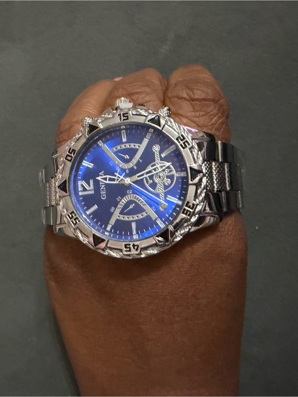 Geneva Silver Watch with Blue Dial and Metallic Bracelet
